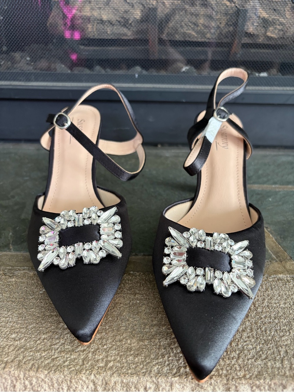 Crystal-Embellished Black Satin Pointed Slingback Heels